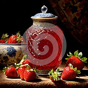In Dynasty era painting style, a bottle of strawberry jam is depicted with intricate ornate patterns encasing the vessel.