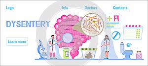 Dysentery concept vector for medical websites, blog, header. Intestine doctors examine, treat dysbiosis, give antibiotics. Tiny