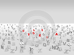 Dyslexia and dysgraphia as flying alphabet, letters on white background