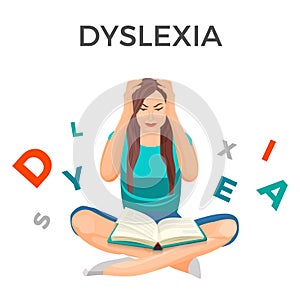 Dyslexia mental disorder conceptual vector illustration with woman