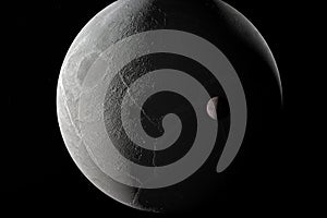 Dysnomia orbiting around dwarf planet Eris in the outer space. 3d render