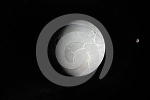 Dysnomia orbiting around dwarf planet Eris in the outer space. 3d render