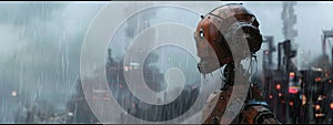 Dystopian convergence of man and machine, as a rain-soaked, rust-encrusted AI robot traverses a dilapidated industrial setting. photo