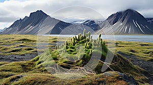 Dystopian Landscapes: A Green Plant Amidst Arctic Vegetation