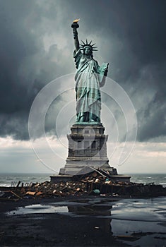 Dystopian Liberty: Statue of Liberty Amidst Trash and Storm