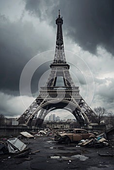 Dystopian Paris: Eiffel Tower Amidst Debris