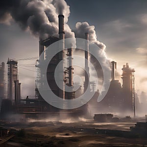 Dystopian scene of a polluted, over-industrialized world, with smog-filled skies and towering factories4