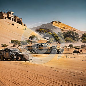 Dystopian scene of rusted old wrecked cars in desert dune setting