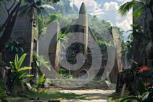 Dystopian teleport hub built inside ancient ruins with rockets carved into the walls, tropical flora encroaching