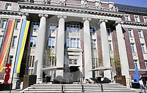 View on historic magnificient facade of former local court building, impressiv pillars neo baroque style