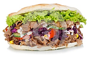 DÃ¶ner Kebab Doner Kebap fast food in flatbread isolated on a white background