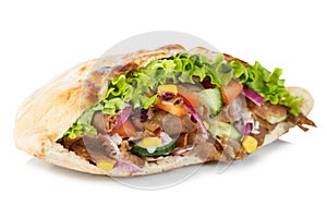 DÃ¶ner Kebab Doner Kebap fast food in flatbread isolated on a white background