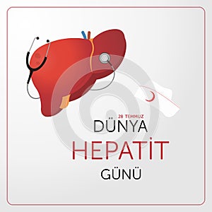 DÃ¼nya hepatit gÃ¼nÃ¼. Translate: World hepatitis day, with stethescope,  liver. Vector illustration.