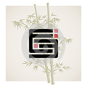 E 3 - icon or design element. Bamboo in the background. E3 - monogram or logotype with red square in the form of miniature of this