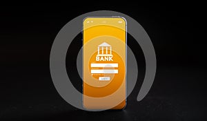 E banking concept. Mobile phone with internet online bank app. Credit card on black background. Online wallet save money