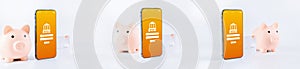 E banking concept. Mobile phone set with internet online bank app. Pig bank with credit card on white background. Online