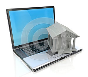 E-banking, e banking, laptop with bank 3d icon