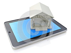 E-banking, e banking, tablet computer PC with bank 3d icon