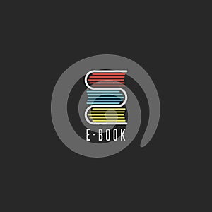 E-book bookstore logo, online school education emblem mockup, reading club icon, stack books in the shape of the letter E