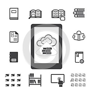 E-book with cloud computing icons set.