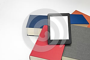 E-book device with books in white isolated background