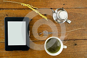 E-Book, E-reader With Hot Green Tea.