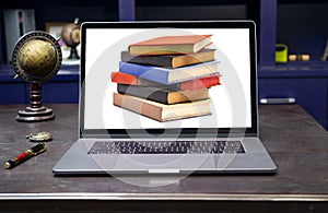 E-book library online education concept with laptop and stack of books on table