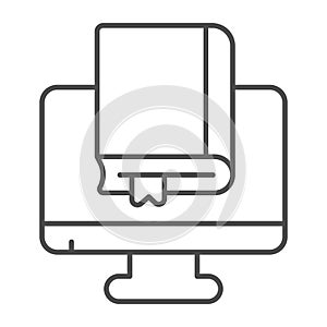 E-book, monitor thin line icon, children book day concept, monoblock vector sign on white background, book and monitor