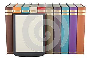 E-book reader with books, 3D rendering