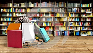 E-book reader Books and tablet 3d render Success knowlage concept