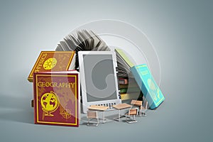 E-book reader Books and tablet on grey gradient 3d illustration