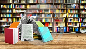 E-book reader Books and tablet library background 3d illustration Success knowlage concept