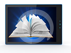 E-book reader. Books and tablet pc. 3d