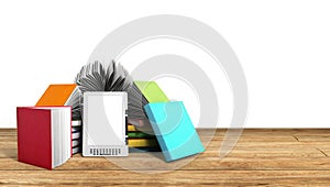 E-book reader Books and tablet on wood 3d illustration Success k