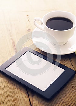 E-book reader and coffee