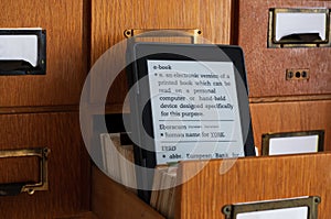 E-book Reader in Library Catalog Card Drawer - New Technology Con