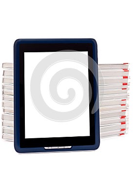 E-book reader and stack of books