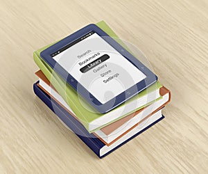 E-book reader on top of colorful books