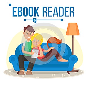 E-Book Reader Vector. E-Learning. Couple At Home. Online Library. Using Ebook. Alternative Device. Reading With An E