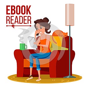 E-Book Reader Vector. Girl. Online Library. Using Ebook. Electronic Gadget. Isolated Flat Cartoon Illustration
