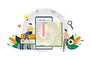 E-book, reading an ebook, e-library, modern media book library on large phone concept with small people vector flat illustration,