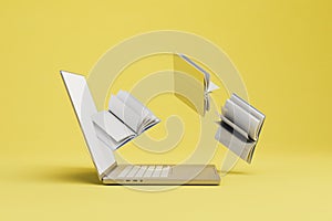 e-book reading, online education. notes and books on a yellow background. 3D render