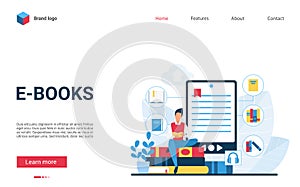 E-books vector illustration, website interface creative flat design with cartoon man student character reading book photo