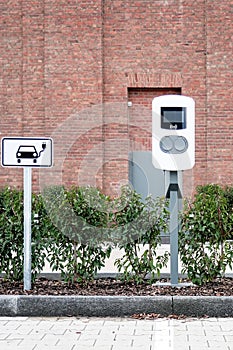 e-car charging station, e-car charge point, electric vehicle supply equipment information sign e-car public charging station