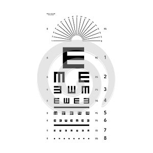 E chart Eye Test Chart tumbling and astigmatism test grid medical illustration. Line vector sketch outline isolated