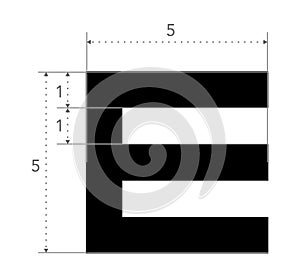 E chart Eye Test symbol with measurements tumbling medical illustration. Line vector sketch style outline isolated.