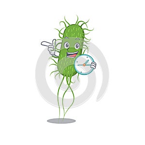 E.coli bacteria mascot design concept smiling with clock
