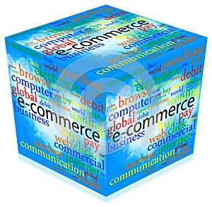 E-Commerce 3d Cube with Text over Clouds