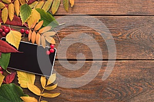 E-commerce autumn leaves wood background concept