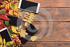 E-commerce autumn leaves wood background concept